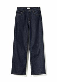 Sötét farmer széles lábú nadrág gombos záródással, öt zsebbel, kontrasztos varrással és "Noella" felirattal ellátott címkével a derékrészen.