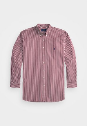Heren overhemd met lange mouwen in rood en marineblauwe verticale strepen. Katoenen materiaal met een klassieke kraag en witte knopen. Klein logo op de borst.