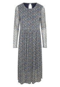 Vestido floral de manga larga en azul y beige, con cuello redondo, falda plisada y detalle de abertura en la espalda. Tejido ligero con una superposición translúcida.