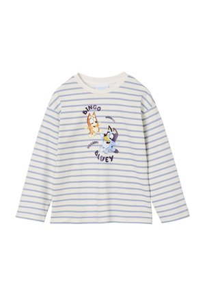White long-sleeve shirt with blue stripes, featuring cartoon characters Bingo and Bluey in the center and text "BINGO HOORAY!" and "BLUEY."