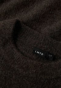 Ciemnobrązowy, teksturowany sweter z okrągłym dekoltem. Posiada czarną metkę z napisem "LMTD" oraz szczegółami rozmiaru wszytymi w tkaninę.