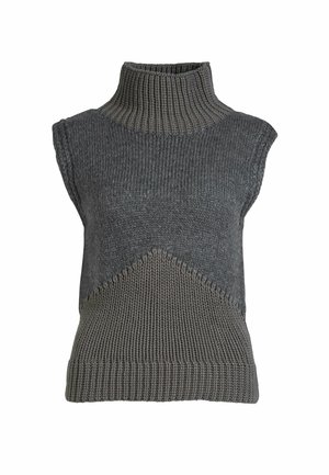 Mouwloos gebreid vest met hoge geribbelde kraag, donkergrijs bovenste gedeelte en lichtergrijs onderste gedeelte in een visgraatpatroon.
