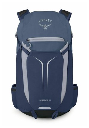 Sac à dos de randonnée bleu Osprey Sportlite 22 avec poche avant zippée et éléments de design réfléchissants.