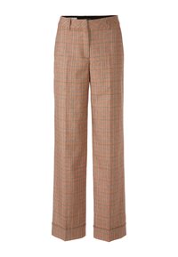 Hoch taillierte karierte Hose in orange- und blautönen. Weit geschnittenes Design mit maßgeschneiderter Passform, das eine glatte Textur und dezente Saumdetails aufweist.