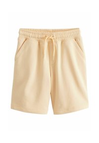 Shorts en coton couleur pêche avec une taille élastique, un cordon de serrage ajustable et deux poches latérales. Texture lisse et design décontracté.