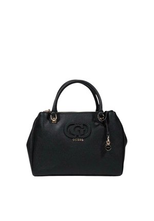 Borsa nera sintetica con forma strutturata, logo impresso, dettagli in oro e doppi manici per il trasporto.