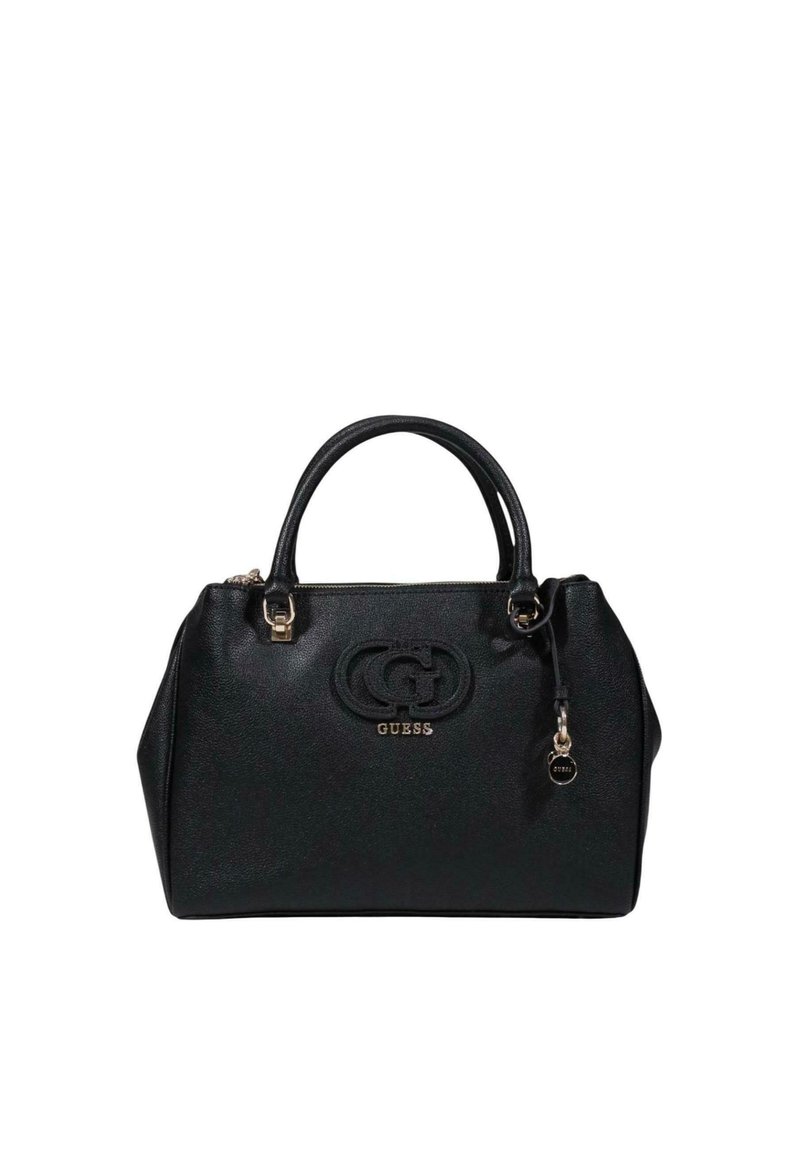 Borsa nera sintetica con forma strutturata, logo impresso, dettagli in oro e doppi manici per il trasporto.