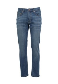 Denim jeans in a medium blue shade, featuring a button closure, five pockets, and a straight-leg design with subtle whiskering details.