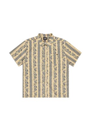 Koszula z krótkim rękawem w jasnym żółtym kolorze z niebieskim, kwiatowym i geometrycznym wzorem, z kołnierzykiem i kieszenią na piersi. Materiał z mieszanki bawełny.