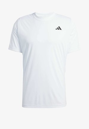 White short-sleeve athletic t-shirt made of lightweight fabric featuring a black Adidas logo on the upper left chest.