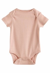 Rebrast bodysuit s kratkimi rokavi v nežno roza barvi. Ima okroglo izrez in zapiranje z gumbki na dnu za enostavno oblačenje. Gladka tekstura.