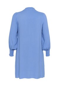Blauwe jurk met lange mouwen, gemaakt van een gestructureerde stof, met smockmanchetten en een gerimpelde kraag. De achterkant heeft een recht gesneden ontwerp.