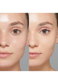 Before-and-after image showing skin on the left with visible blemishes and on the right, smooth, even-toned skin; glossy finish.