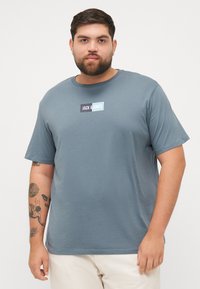 Siva majica kratkih rukava s pravokutnim logotipom "JACK & JONES" u bijeloj i plavoj boji. Pamuk, okrugli izrez, opušteni kroj.