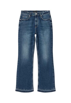 Blue denim jeans with straight legs, front button, zipper, and five-pocket design, showing slight faded wash details.