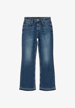 Blaue Jeans aus Denim mit geraden Beinen, vorderem Knopf, Reißverschluss und Fünf-Taschen-Design, zeigt leicht ausgebleichte Waschdetails.