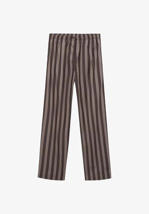 Brown and beige striped trousers with an elastic waistband and wide legs. Made from soft material, featuring a smooth texture.