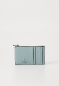 Light blue leather wallet with multiple card slots and a zippered compartment. Features a subtle logo embossed on the front.