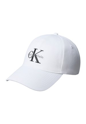 Cappellino da baseball bianco con grande logo nero Calvin Klein CK ricamato sul pannello frontale.
