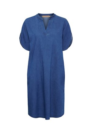 Blå knælange denimkjole med korte flængede ærmer og rund halsudskæring med V-udskæring.