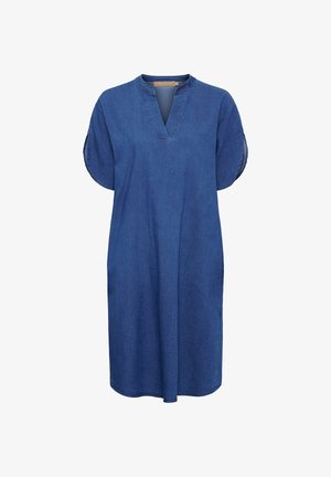 Blå knælange denimkjole med korte flængede ærmer og rund halsudskæring med V-udskæring.