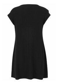 Black tunic dress with cap sleeves, round neckline, and a loose, A-line shape. Made of soft, smooth fabric with no visible patterns.
