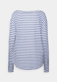 Långärmad skjorta med ett ljusblått och vitt randigt mönster, med rundad halsringning och avslappnad passform bak.