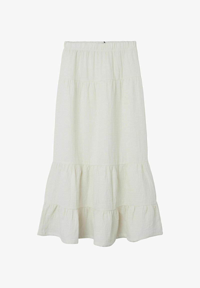 Gonna bianca a strati con elastico in vita, realizzata in tessuto leggero. Presenta un design fluido e una superficie morbida e testurizzata.