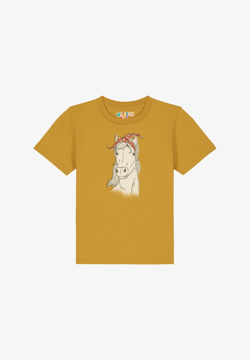 Mosterdgele katoenen T-shirt met een afbeelding van een paard met een rode stippenbandana. Korte mouwen, ronde hals, gladde textuur.