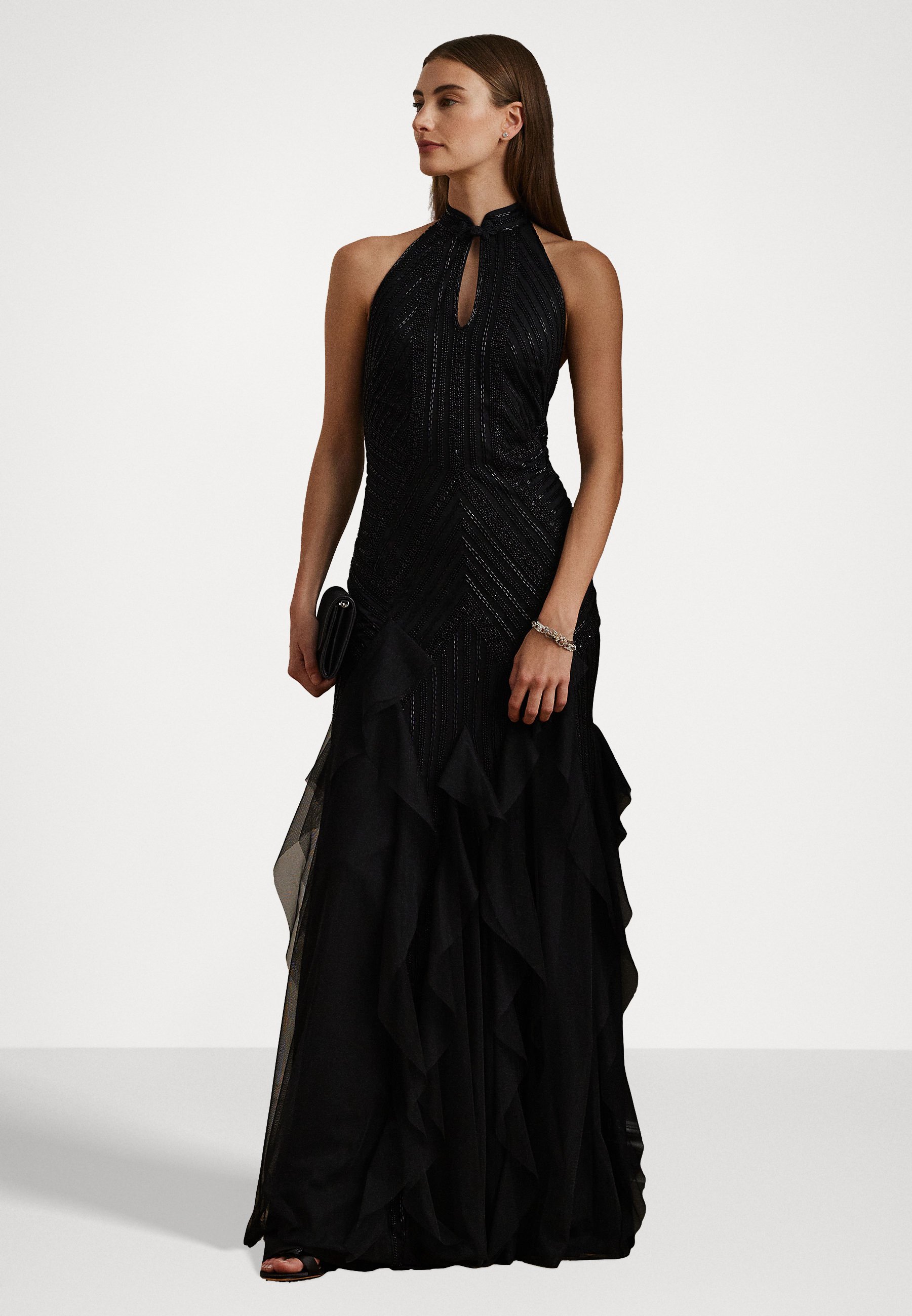 Lauren Ralph Lauren RUFFLE-TRIM BEADED MESH HALTER GOWN