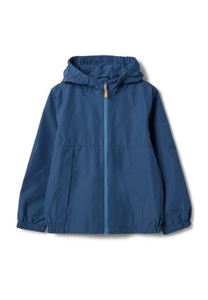 Giacca leggera blu con cappuccio, dotata di una cerniera frontale, polsini elasticizzati e dettaglio a cerniera blu a contrasto. Tessuto dalla trama liscia.