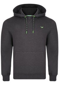 Sweat à capuche gris foncé avec une poche kangourou à l'avant, des accents vert néon sur les cordons et un petit logo brodé sur la poitrine.