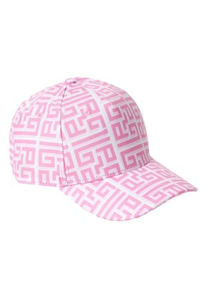 Cappello rosa con un motivo geometrico in tonalità di rosa più scuro. Presenta una visiera curva e fori di ventilazione lungo i lati.