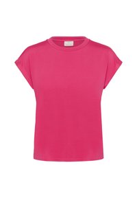 Kurzarm-T-Shirt in leuchtendem Pink, hergestellt aus weichem Stoff. Mit rundem Halsausschnitt und lässiger Passform, einfarbig ohne Muster.