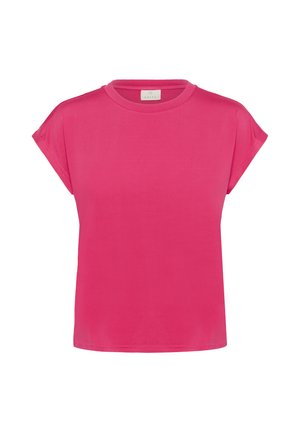 T-shirt à manches courtes en rose vif, fabriqué à partir de tissu doux. Présente un col rond et une coupe décontractée avec une couleur unie et sans motifs.
