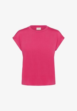 Rövid ujjú póló élénk rózsaszínben, puha anyagból készült. Kerek nyakkivágással és laza szabással rendelkezik, egyszínű és minták nélkül.