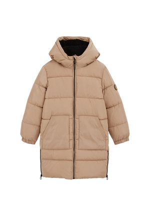 Beige pufferjas, midden boven de dijen, met een capuchon, ritssluiting aan de voorkant, twee grote zijzakken en gestikte horizontale panelen. Gladde textuur.