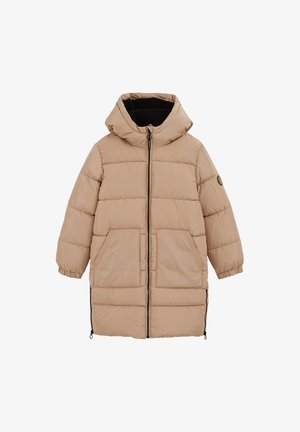 Cappotto imbottito beige, lunghezza fino a metà coscia, con cappuccio, zip frontale, due grandi tasche laterali e pannelli orizzontali cuciti. Tessuto liscio.