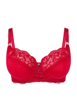 Red lace and cotton bra with underwire, floral lace detailing, adjustable straps, and a central decorative button. Full-coverage design.