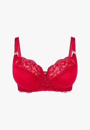 Pitsikankainen ja puuvillainen rintaliivi, jossa on joustava alushaka, kukkakuvioista pitsiyksityiskohtaa, säädettävät olkaimet ja keskellä koristeellinen nappi. Täydellinen peittävyys.