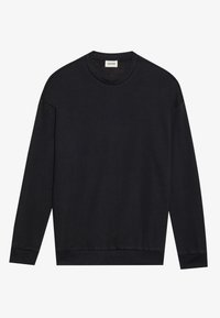 Black long-sleeve crew neck sweatshirt with ribbed cuffs and hem, laid flat on a white background.