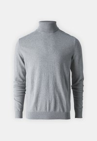 Grauer Rollkragenpullover mit langen Ärmeln, aus weichem Strickstoff gefertigt. Verfügt über einen gerippten Kragen und Saum, mit einem regulären Schnitt.