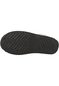 Black rubber outsole with zigzag tread pattern, featuring a textured surface and a smooth central section. Accented with white faux fur edge.