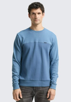 Blaues Sweatshirt mit einem kontrastierenden dunkleren blauen Paneel über der Brust, Rundhalsausschnitt, langen Ärmeln und gerippten Bündchen. Glatte Textur.