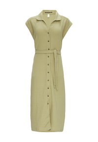Sukienka koszulowa z zapięciem na guziki, wykonana z jasnozielonego materiału o teksturowanym wyglądzie, z krótkimi rękawami, paskiem w talii oraz drewnianymi guzikami z przodu.