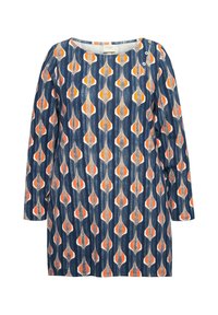 Langärmliges Kleid aus marineblauem Stoff mit einem abstrakten Muster in Orange und Creme, Rundhalsausschnitt und dekorativem Knopf an der Schulter.