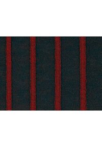 Tessuto con uno sfondo scuro e strisce rosse verticali. La texture del tessuto appare intrecciata con linee distinte e un motivo coeso.