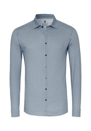 Langærmet skjorte i et blåt og hvidt geometrisk mønster med knaplukning foran og klassisk krave. Lavet af letvægtsstof.