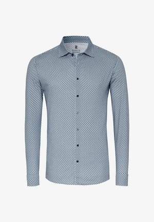 Langærmet skjorte i et blåt og hvidt geometrisk mønster med knaplukning foran og klassisk krave. Lavet af letvægtsstof.