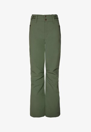 Pantalones de esquí en verde oscuro, con un acabado mate y suave, dos bolsillos frontales, una cintura ancha y una ligera forma acampanada en la parte inferior.